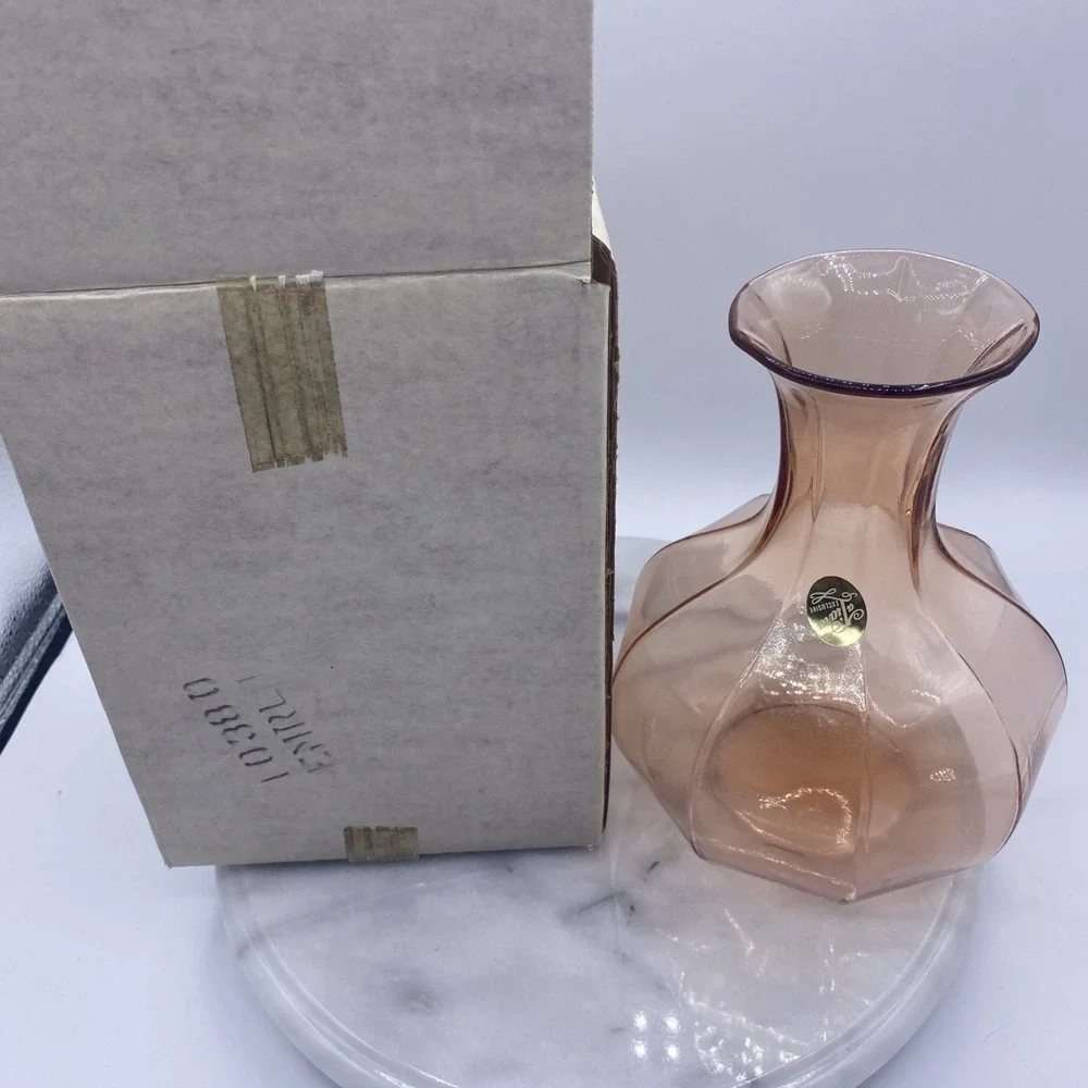 Tiara Exclusive Peach Glass Hexagon Paneled Vase Vintage Flared Neck with Box